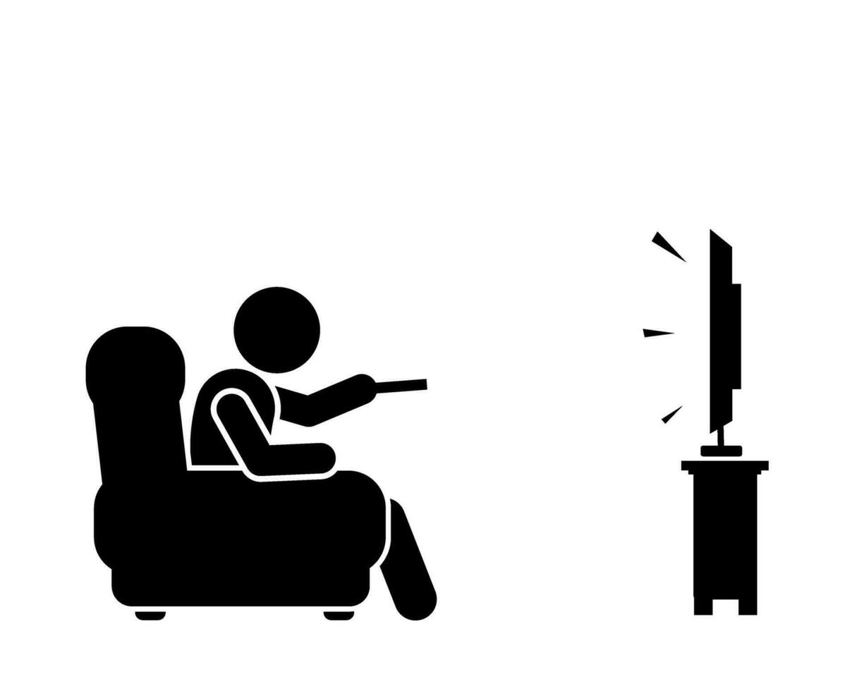 illustrazione e icona bastone figura, stickman, pittogramma. Guardando tv, Guardando televisione vettore