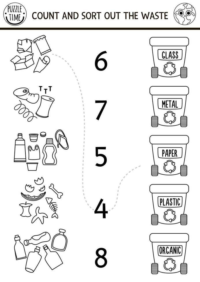 incontro il numeri nero e bianca ecologico gioco con spazzatura, sciocchezze bidoni. zero rifiuto matematica attività. eco consapevolezza educativo conteggio colorazione pagina con rifiuto ordinamento concetto vettore