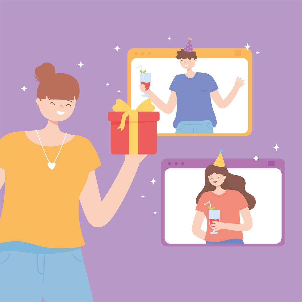 festa online, ragazza felice con regalo e persone che celebrano collegate da smartphone vettore