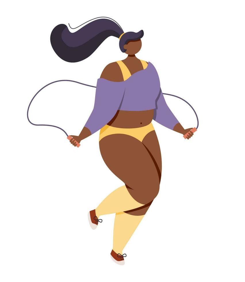 un' allegro più dimensione africano americano donna salto corda. vettore
