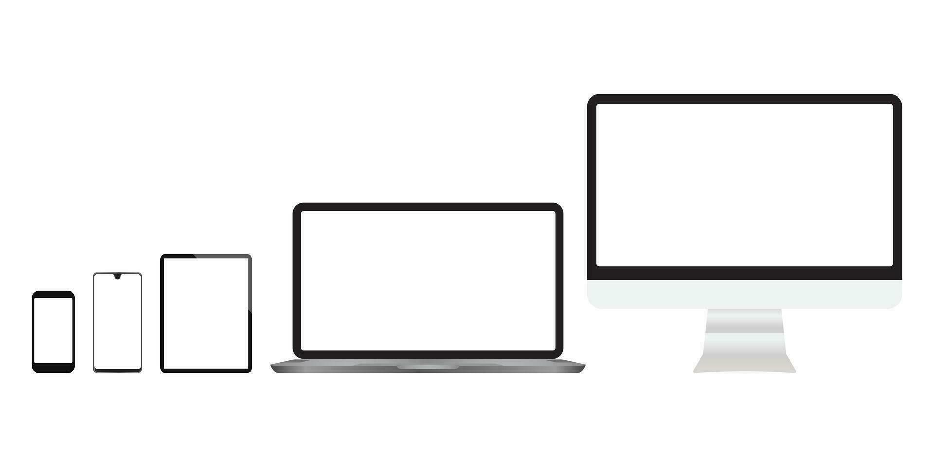 realistico computer, laptop, compresse, smartphone monitor con un' bianca sfondo vettore