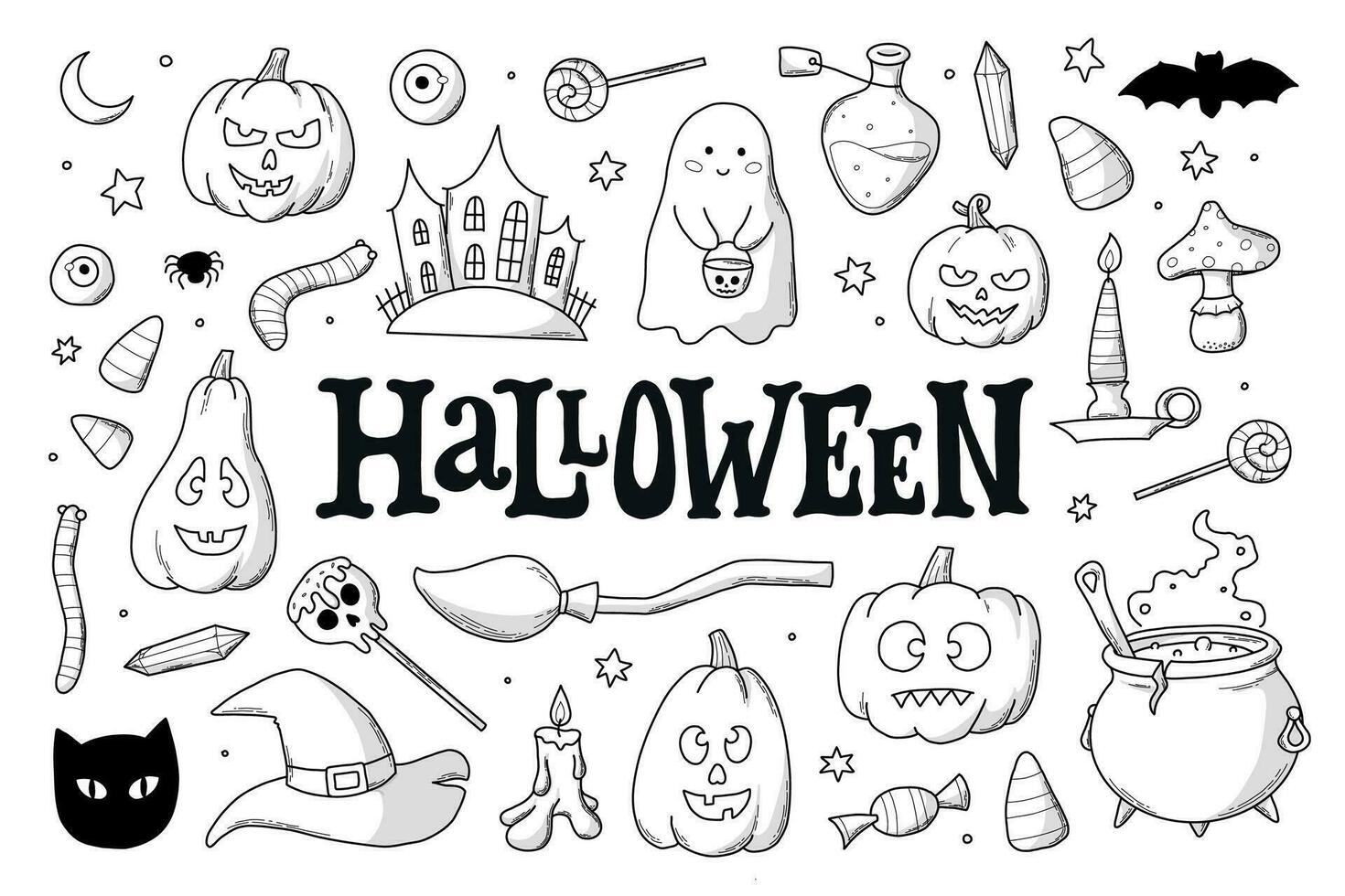 Halloween impostato di monocromatico scarabocchi, cartone animato elementi, clip arte isolato su bianca sfondo per stampe, colorazione libri, icone, carte, adesivi, eccetera, eps 10 vettore