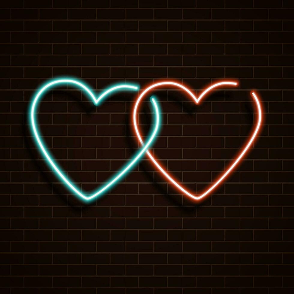 neon cuore. un' luminosa rosso e blu cartello su un' mattone parete. elemento di design per un' contento San Valentino giorno. vettore