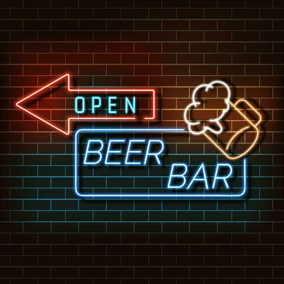 birra bar neon leggero bandiera su un' mattone parete. blu e arancia cartello. decorativo realistico retrò elemento per ragnatela design vettore