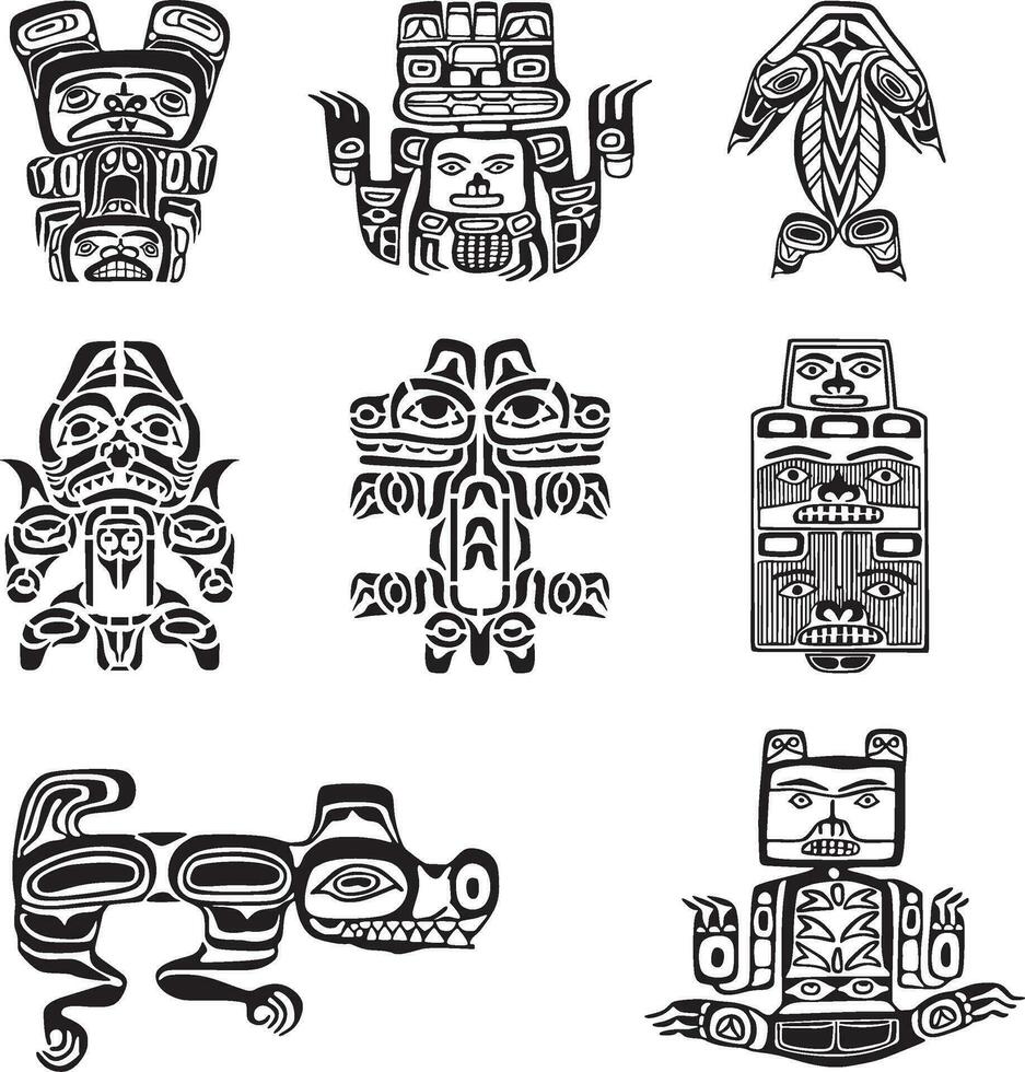 vettore impostato di monocromatico indiano simboli. nazionale ornamento di nativo americani, aztechi, maya, incas.