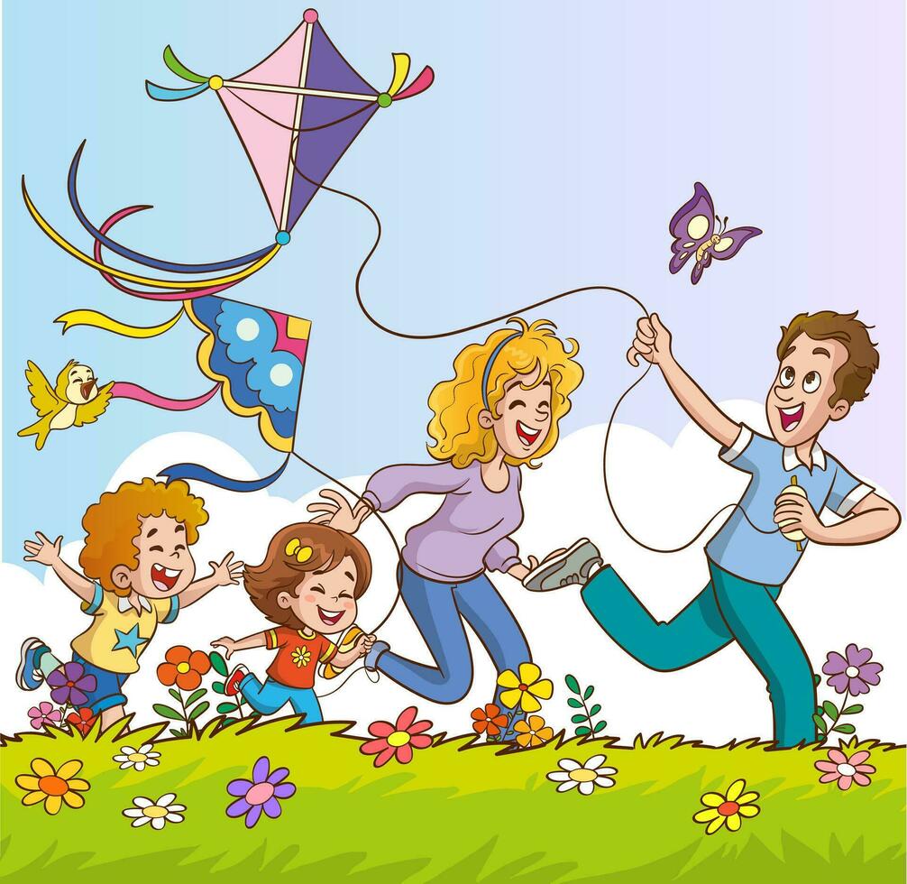 un' vettore illustrazione di un' contento famiglia con bambini avendo divertimento con aquilone kite.family volante un' aquilone vettore