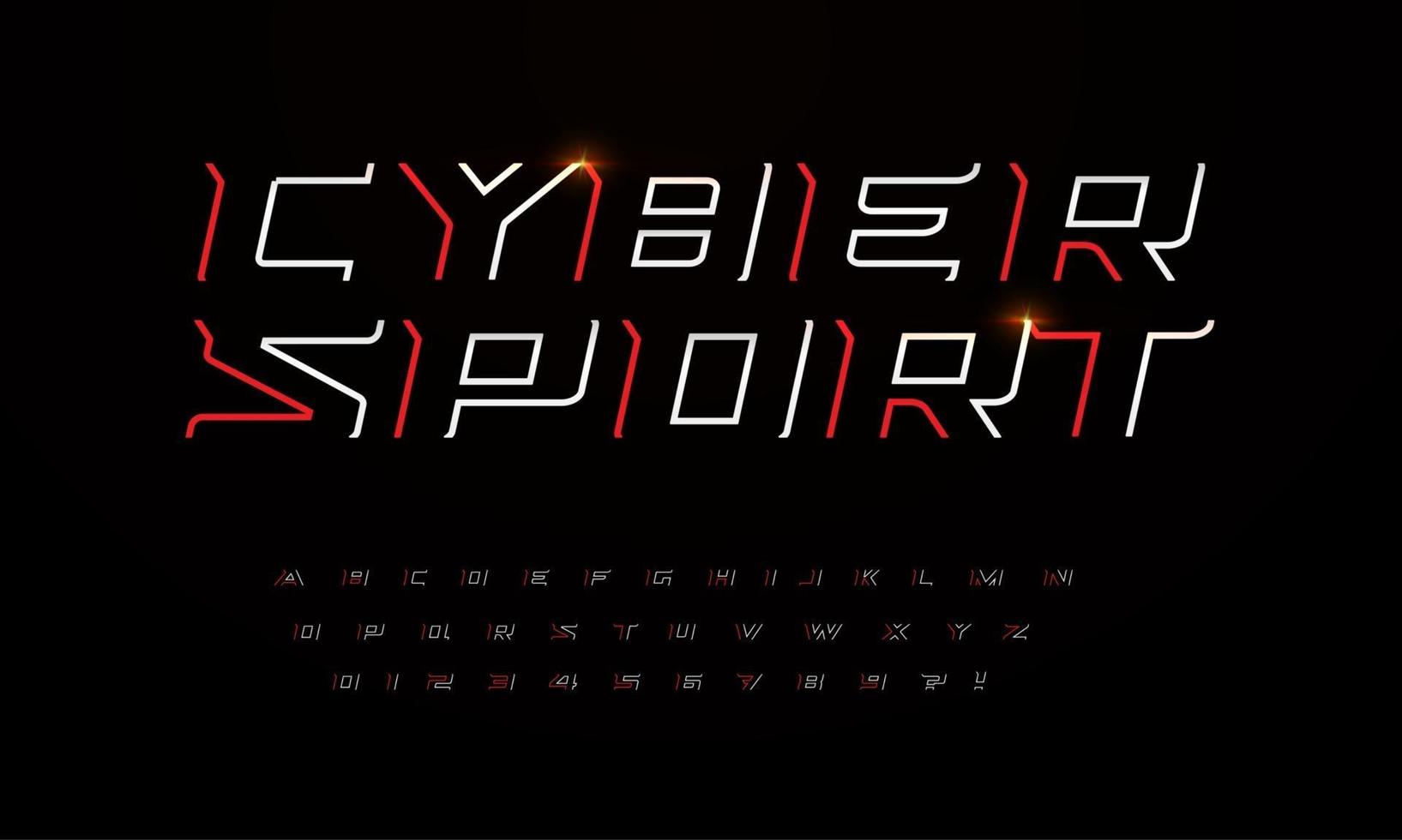 carattere sportivo in stile futuristico con angoli acuti e linee sottili. delineare lettere e numeri per il titolo del gioco e il design del logo. carattere corsivo lineare, set di caratteri cyber sport. tipografia vettoriale scifi di contorno