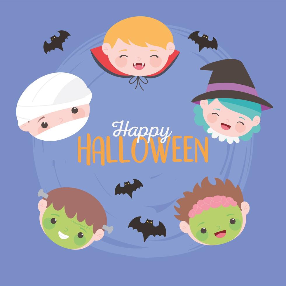 buon halloween, personaggi in costume volti di bambini, dolcetto o scherzetto, celebrazione della festa vettore