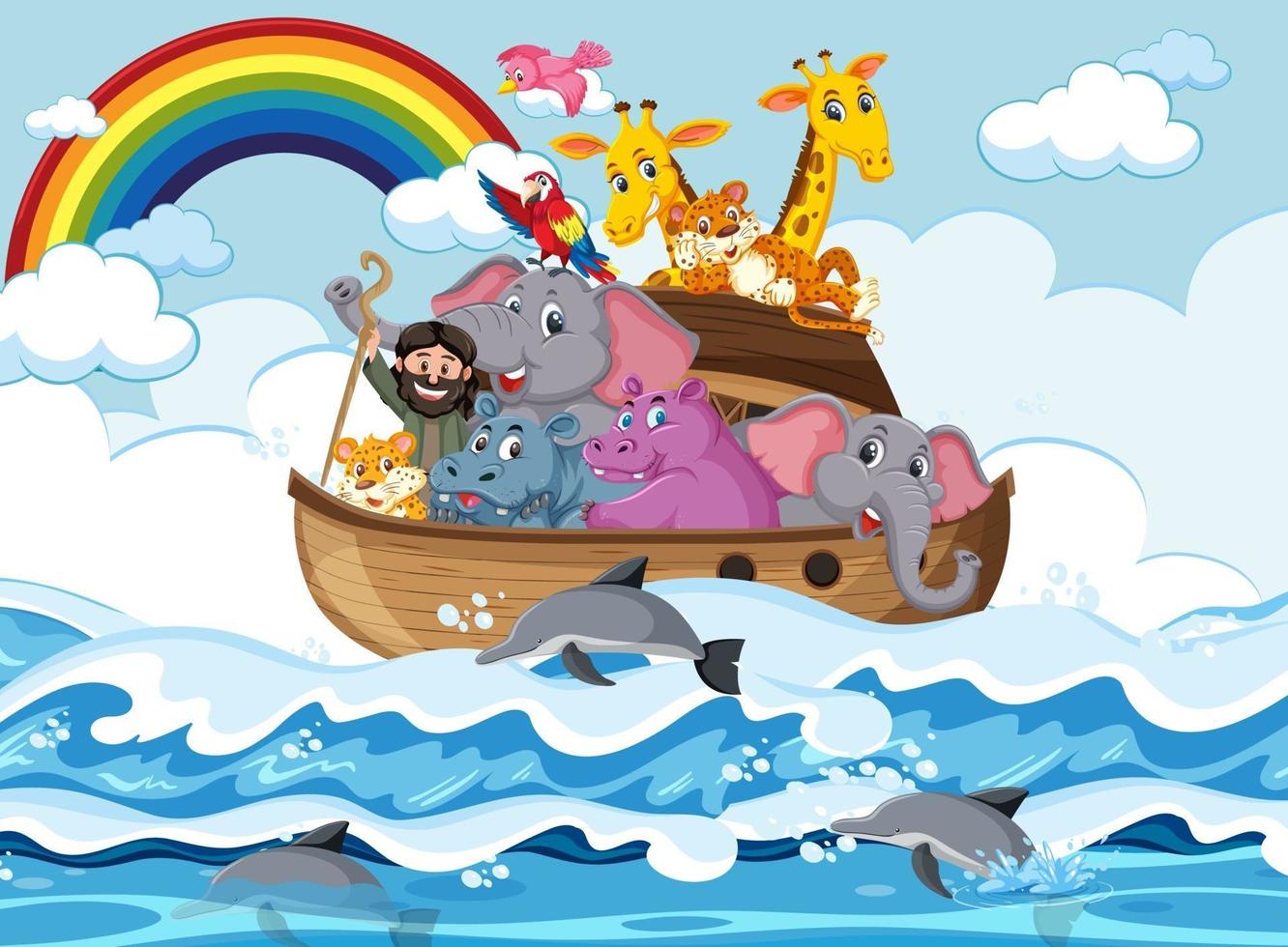 animali sull'arca di Noè che galleggiano nella scena dell'oceano vettore