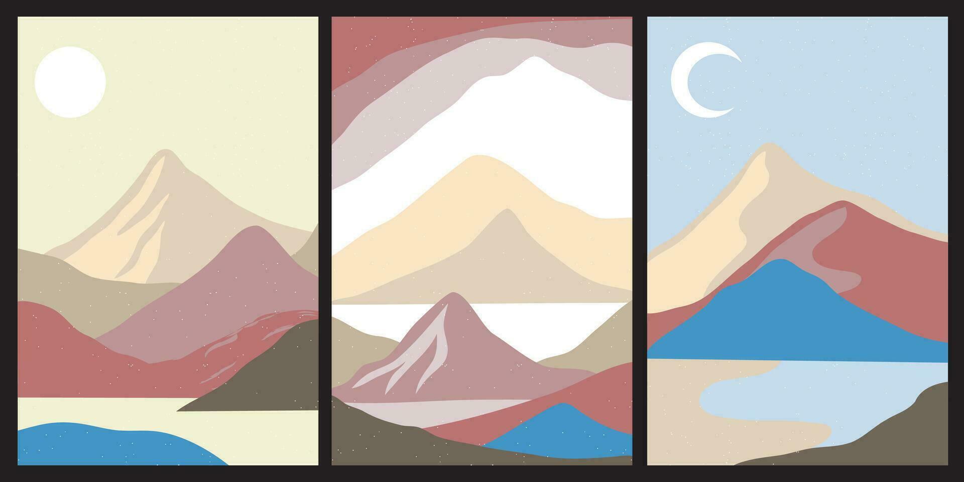 impostato di creativo astratto montagna paesaggio e montagna gamma sfondi.metà secolo moderno vettore illustrazioni con mano disegnato montagne, mare o lago, cielo, sole e luna.trendy