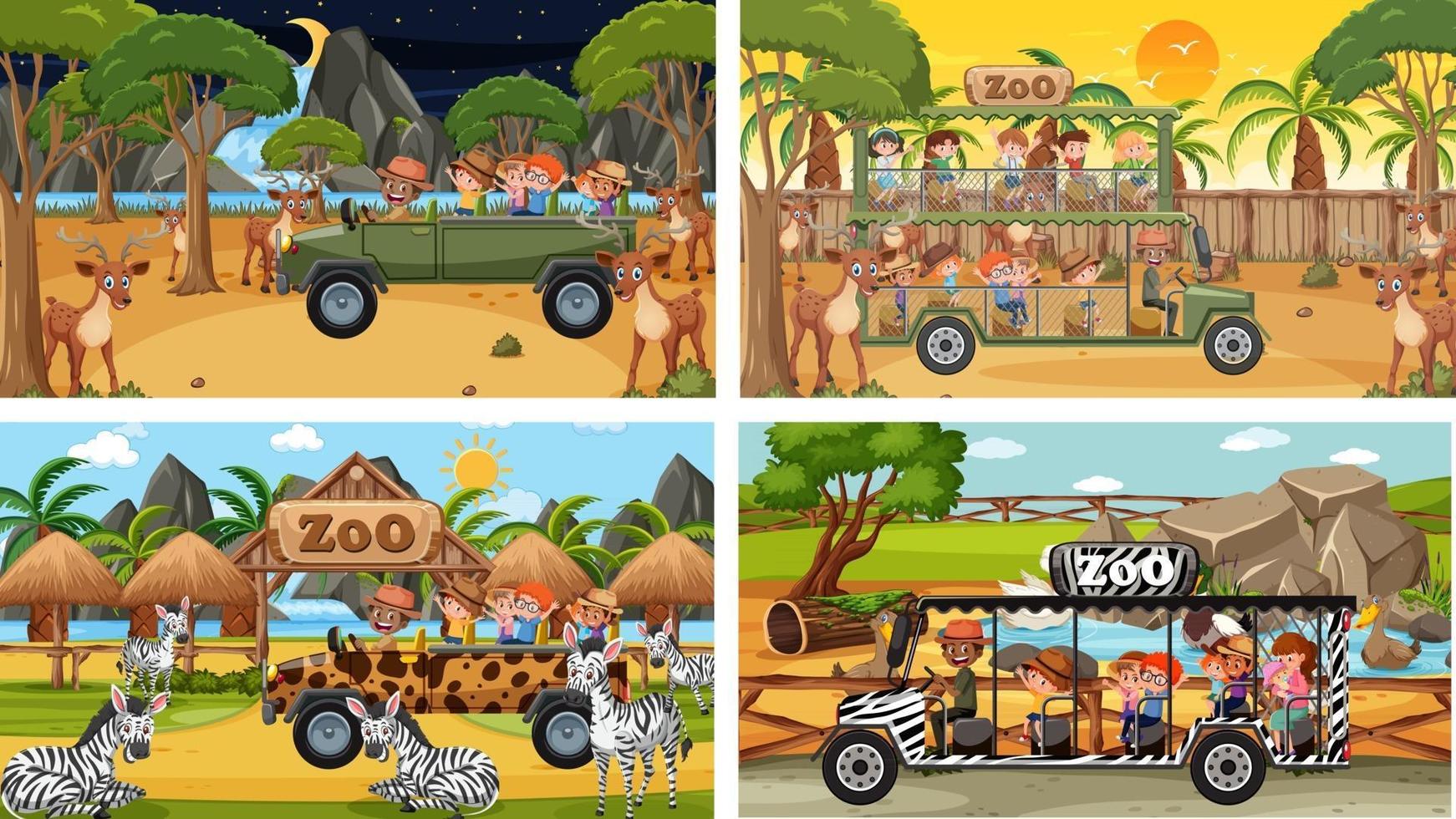 set di diverse scene di safari con animali e personaggi dei cartoni animati per bambini vettore