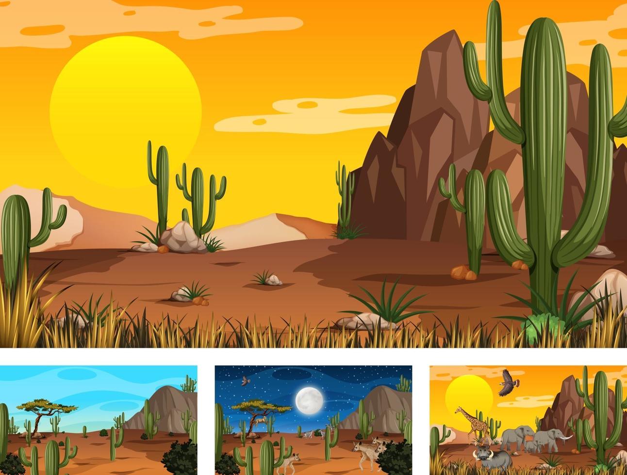 diverse scene di paesaggi della foresta desertica con animali e piante vettore