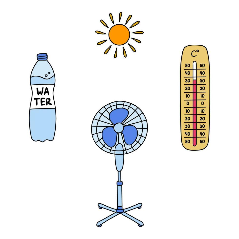 carino, divertente e colorato estate impostare. scarabocchio collezione con acqua, elettrico fan, termometro, sole. mano disegnato vettore illustrazioni isolato su il sfondo con schema.