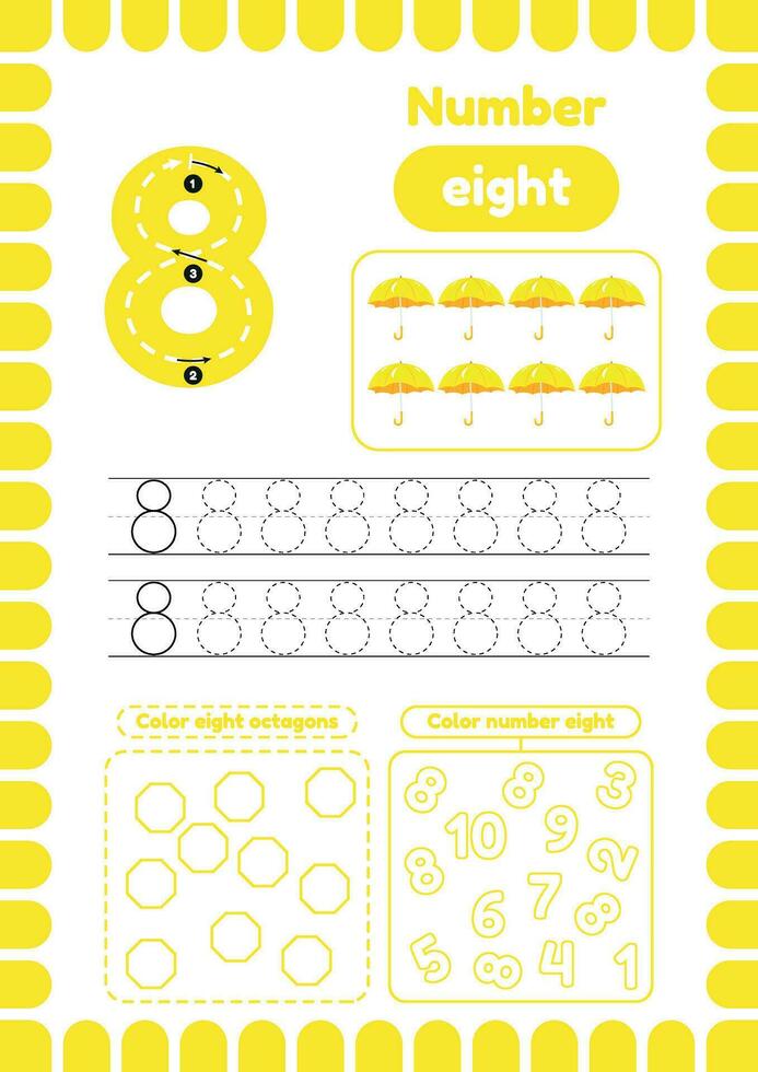 capretto attività pagine. imparare numeri. prescolastico fogli di lavoro. numero otto. ombrello vettore