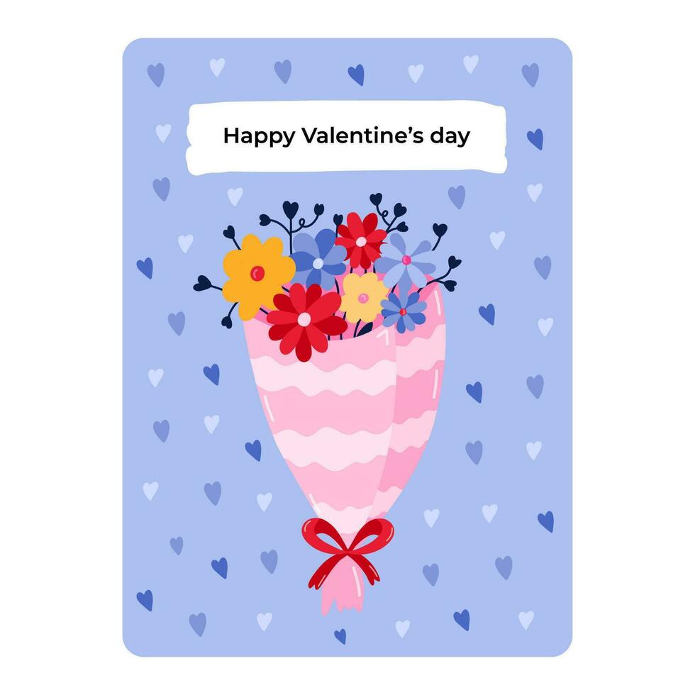 carino cartolina per contento San Valentino giorno, compleanno o altro vacanza. manifesto con bello lettering e vettore mano disegnato illustrazione di mazzo con fiori. saluto carta modello. amore concetto.