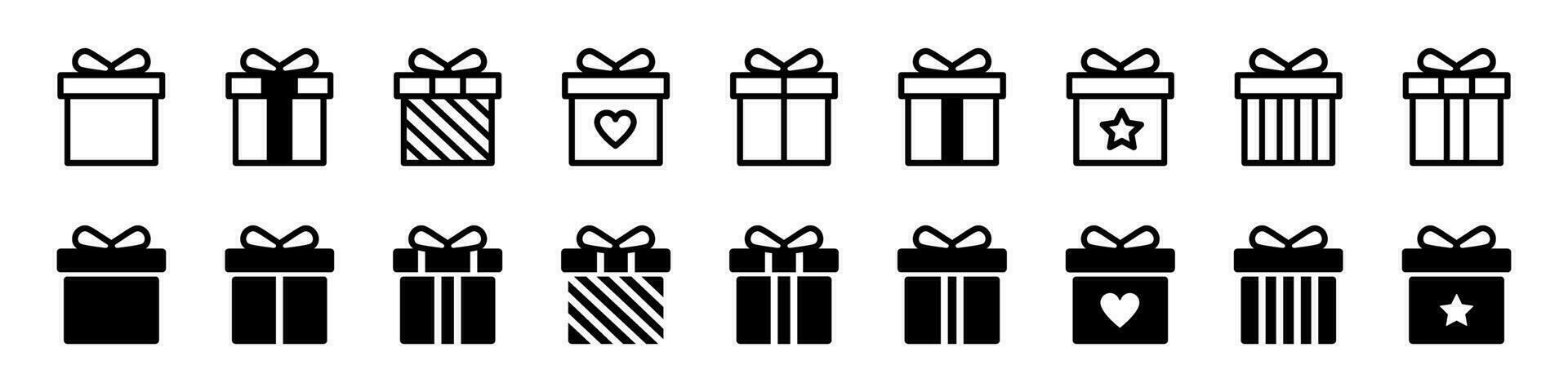 regalo scatola icona impostare. regalo scatola segni linea e silhouette stile. vettore illustrazione.