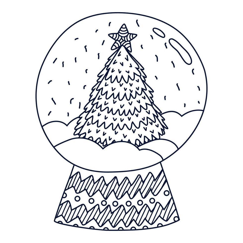 carino mano disegnato neve globo con Natale albero con stella sopra esso e fiocchi di neve. vettore scarabocchio isolato su sfondo. bicchiere sfera sfera. concetto di Natale, orario invernale, vacanza. nuovo anno arredamento.