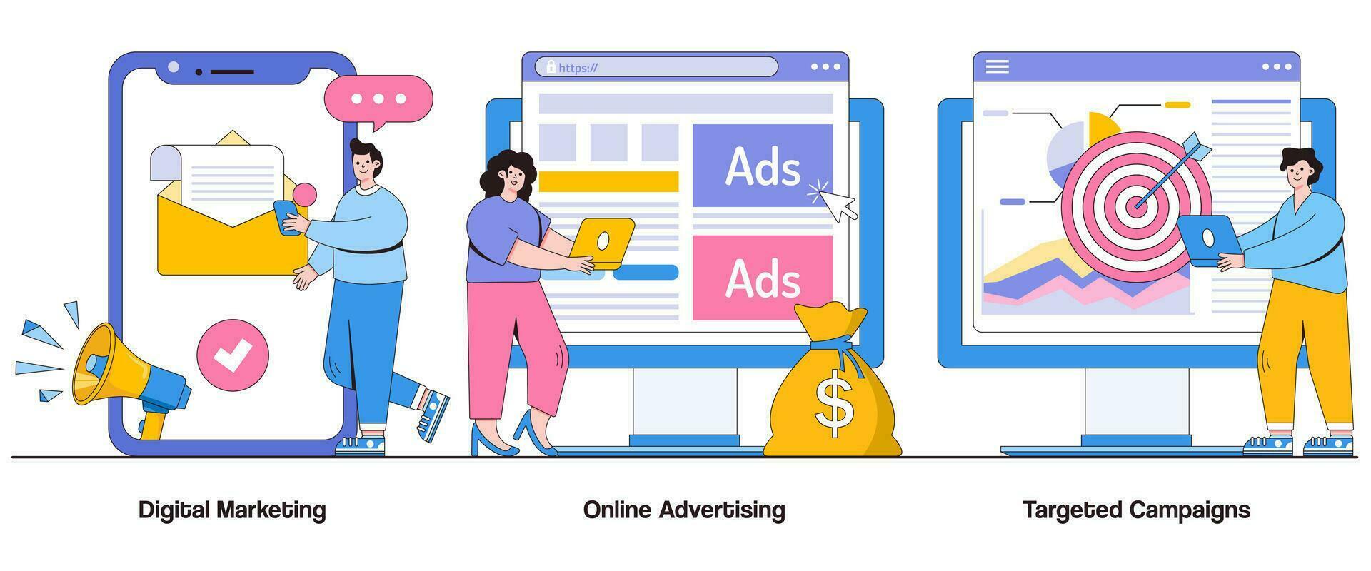 digitale marketing, in linea pubblicità, mirati campagne concetto con carattere. digitale promozione astratto vettore illustrazione impostare. portata, Fidanzamento, marca visibilità metafora