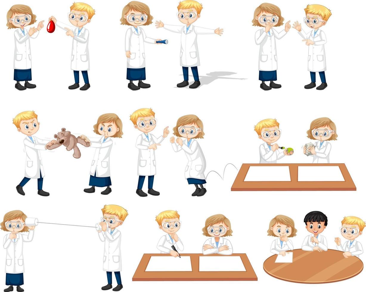 set di giovane scienziato in diverse pose personaggio dei cartoni animati vettore