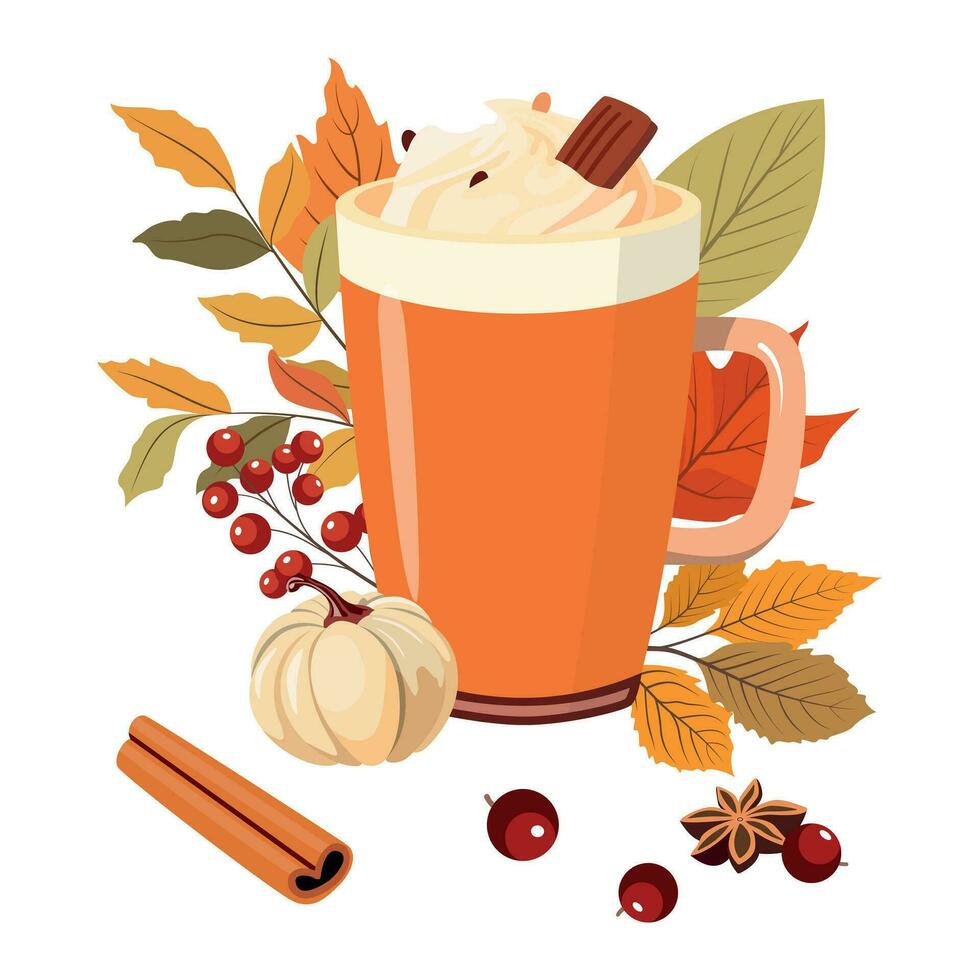 autunno caldo bevanda nel un' colorato boccale con crema, cioccolato, spezie e foresta le foglie illustrazione. autunno di stagione bere. carino saluto carta, cartolina design. vettore