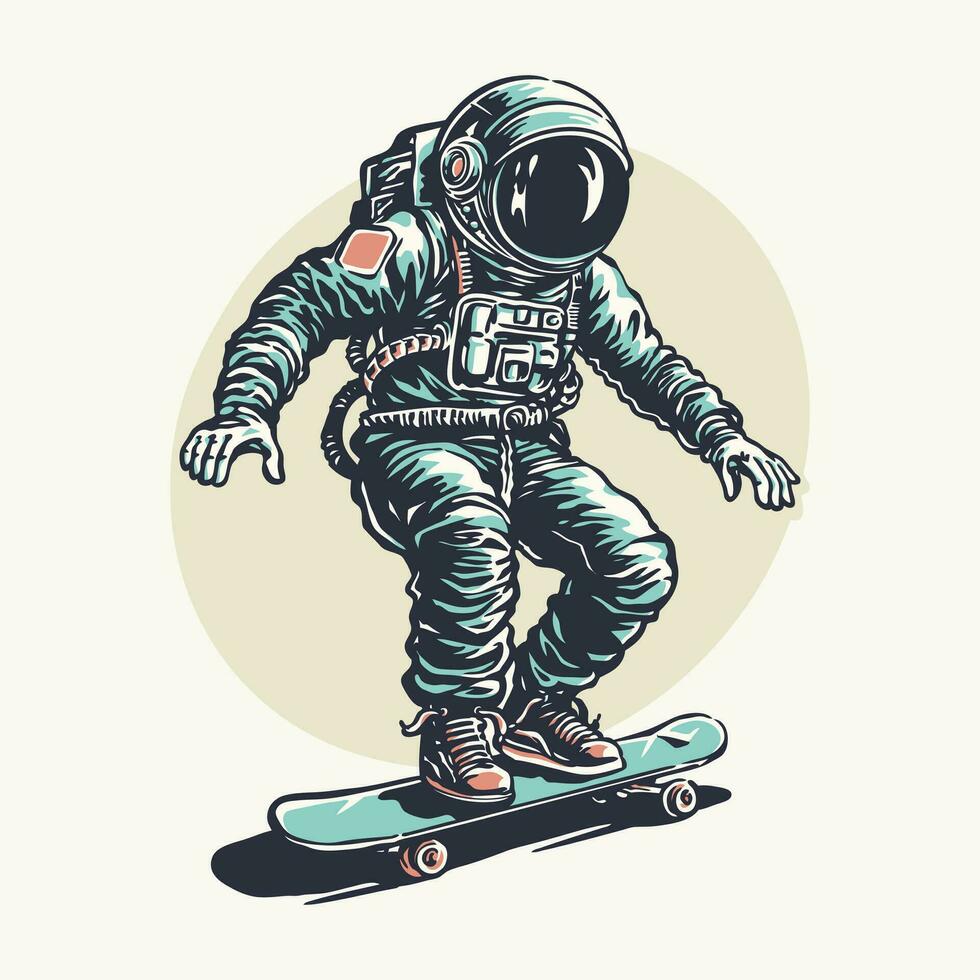 un astronauta equitazione un' skateboard Vintage ▾ cartone animato stile illustrazione vettore