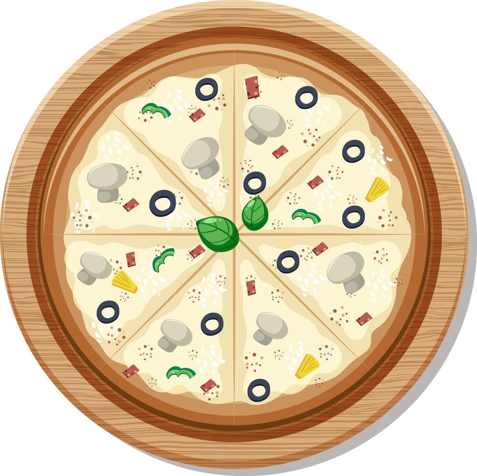 vista dall'alto di un'intera pizza vegana su piatto di legno isolato vettore