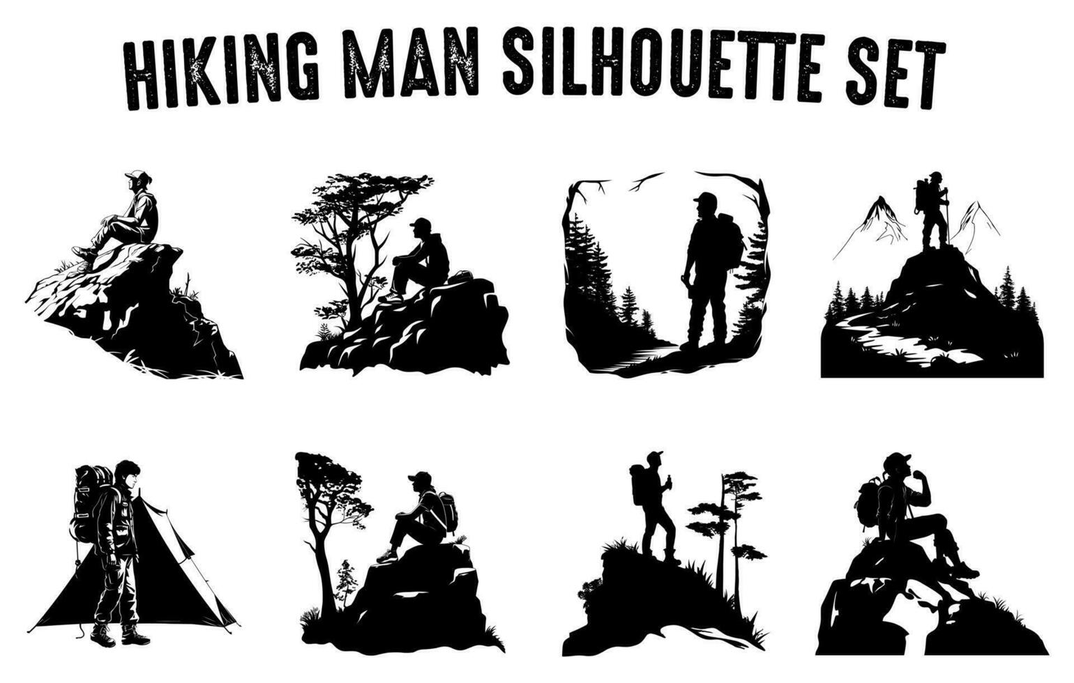 escursioni a piedi uomo vettore silhouette impostare, escursionista sagome, sagome di escursionista con zaino