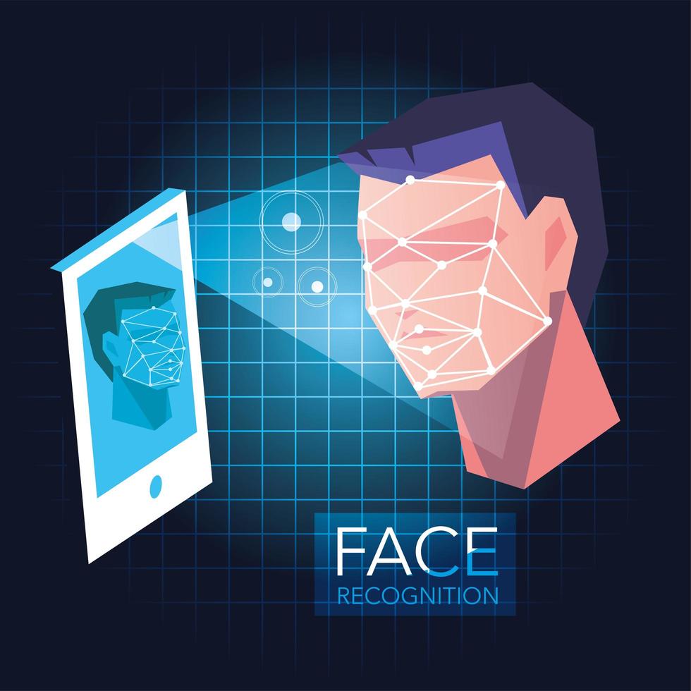 lo smartphone esegue la scansione del volto di un uomo, app mobile per il riconoscimento facciale vettore