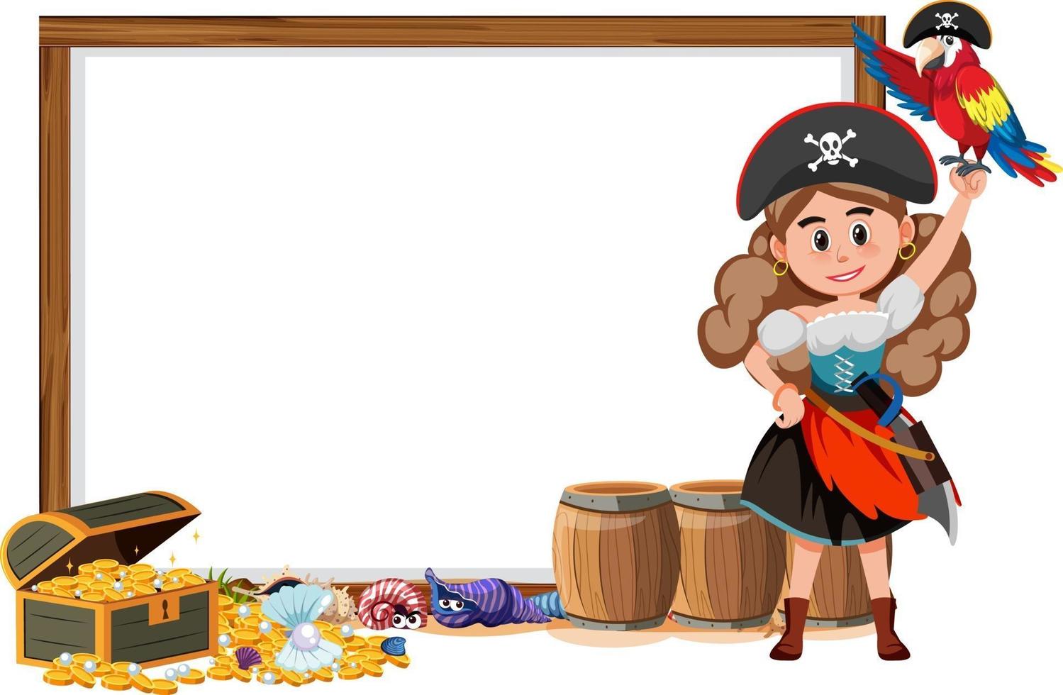 un personaggio dei cartoni animati di una donna pirata con un modello di banner vuoto vettore