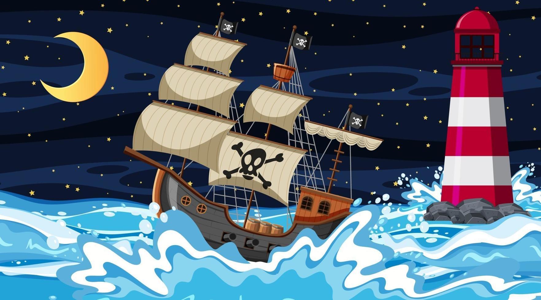 scena dell'oceano di notte con la nave pirata in stile cartone animato vettore