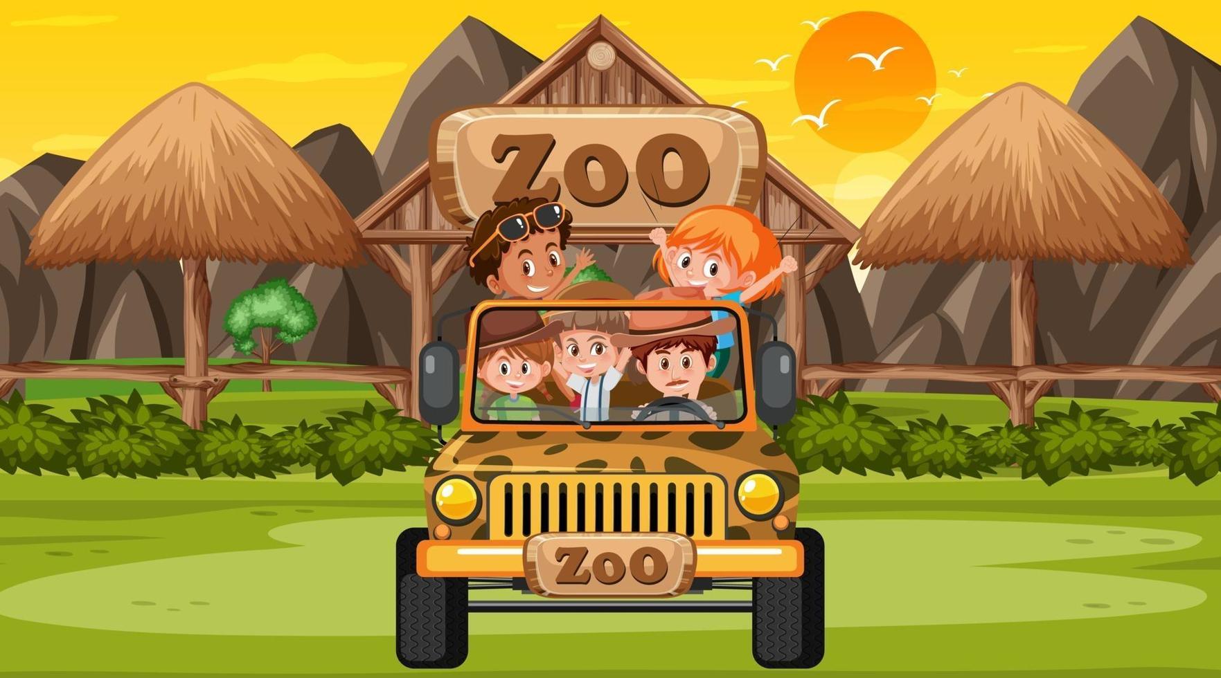 zoo alla scena del tramonto con molti bambini in una jeep vettore