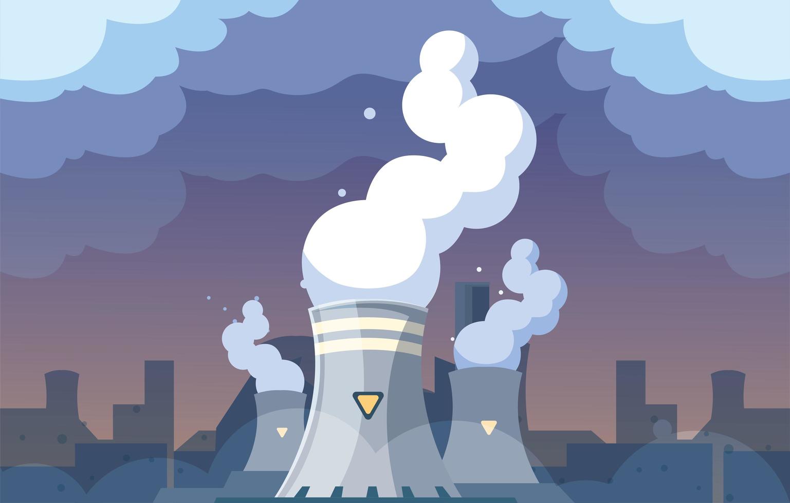 nuvole di fumo industriali sul paesaggio urbano, inquinamento ambientale del reattore nucleare nuclear vettore