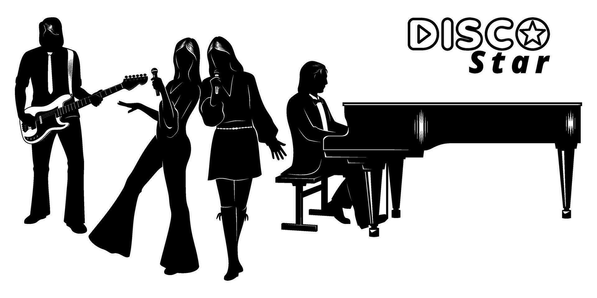 discoteca gruppo sagome impostare. chitarrista, pianista e Due cantante donne. tutti figure siamo il separato oggetti. vettore clipart isolato su bianca.