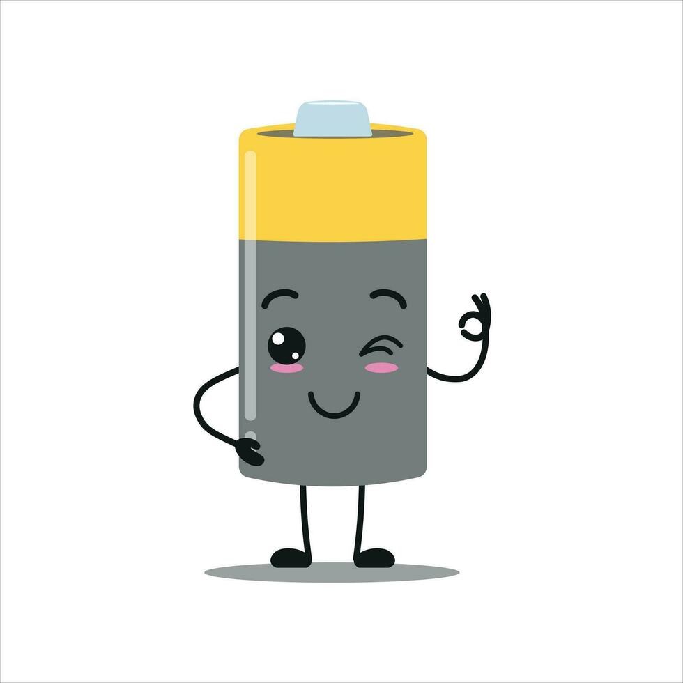 carino contento batteria carattere. divertente sorridente e batter Vettore cartone animato emoticon nel piatto stile. energia unità emoji vettore illustrazione