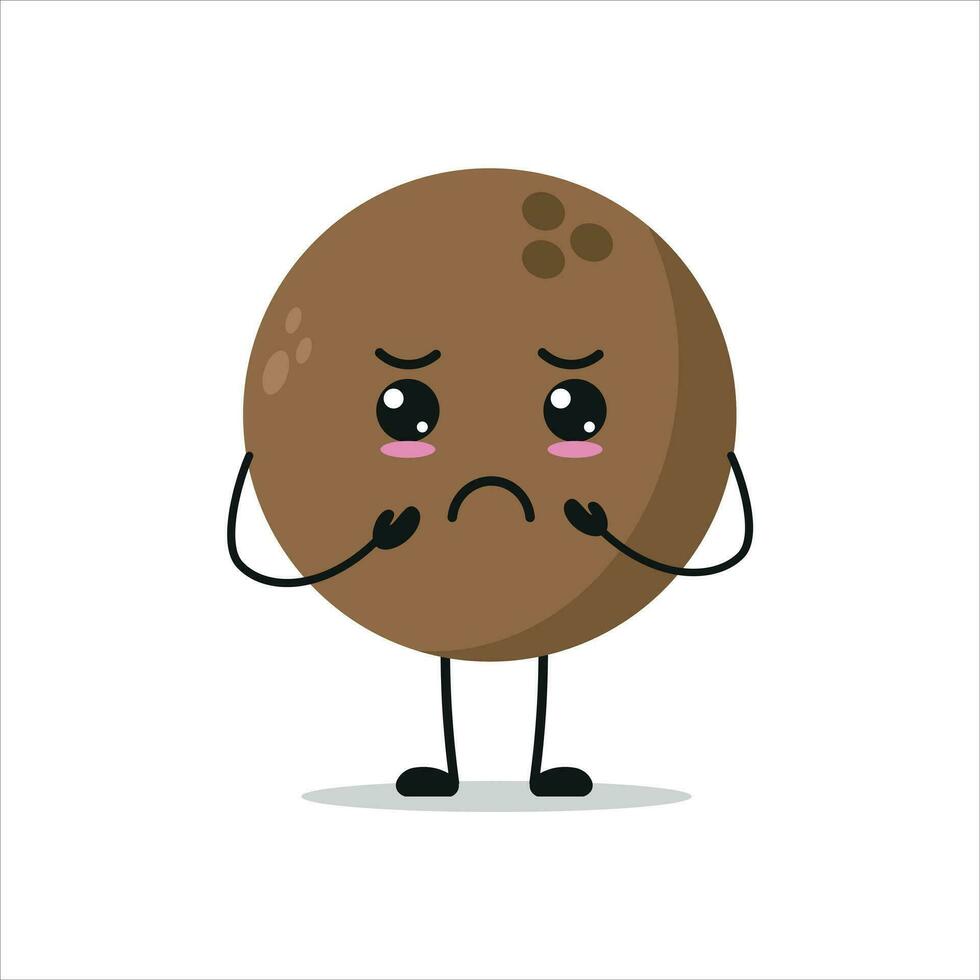 carino cupo Noce di cocco carattere. divertente triste cocco cartone animato emoticon nel piatto stile. Noce di cocco emoji vettore illustrazione