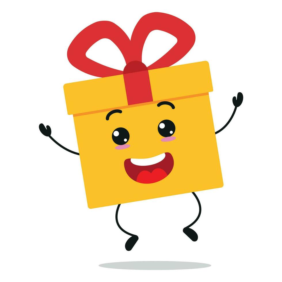 carino contento regalo scatola carattere. divertente saltare regalo scatola cartone animato emoticon nel piatto stile. presente emoji vettore illustrazione