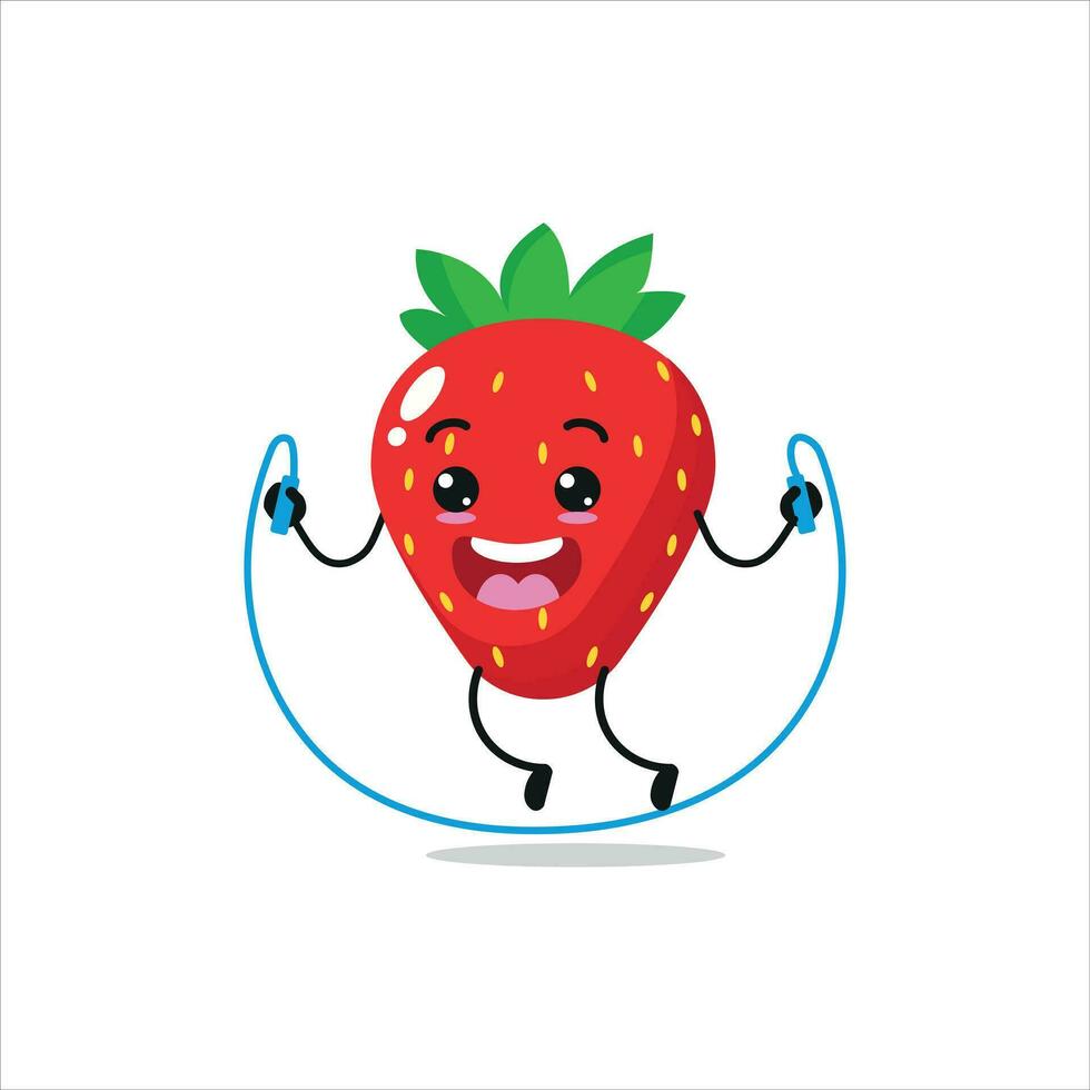 carino e divertente fragola fare salto corda. frutta fare fitness o gli sport esercizi. contento personaggio Lavorando su vettore illustrazione.