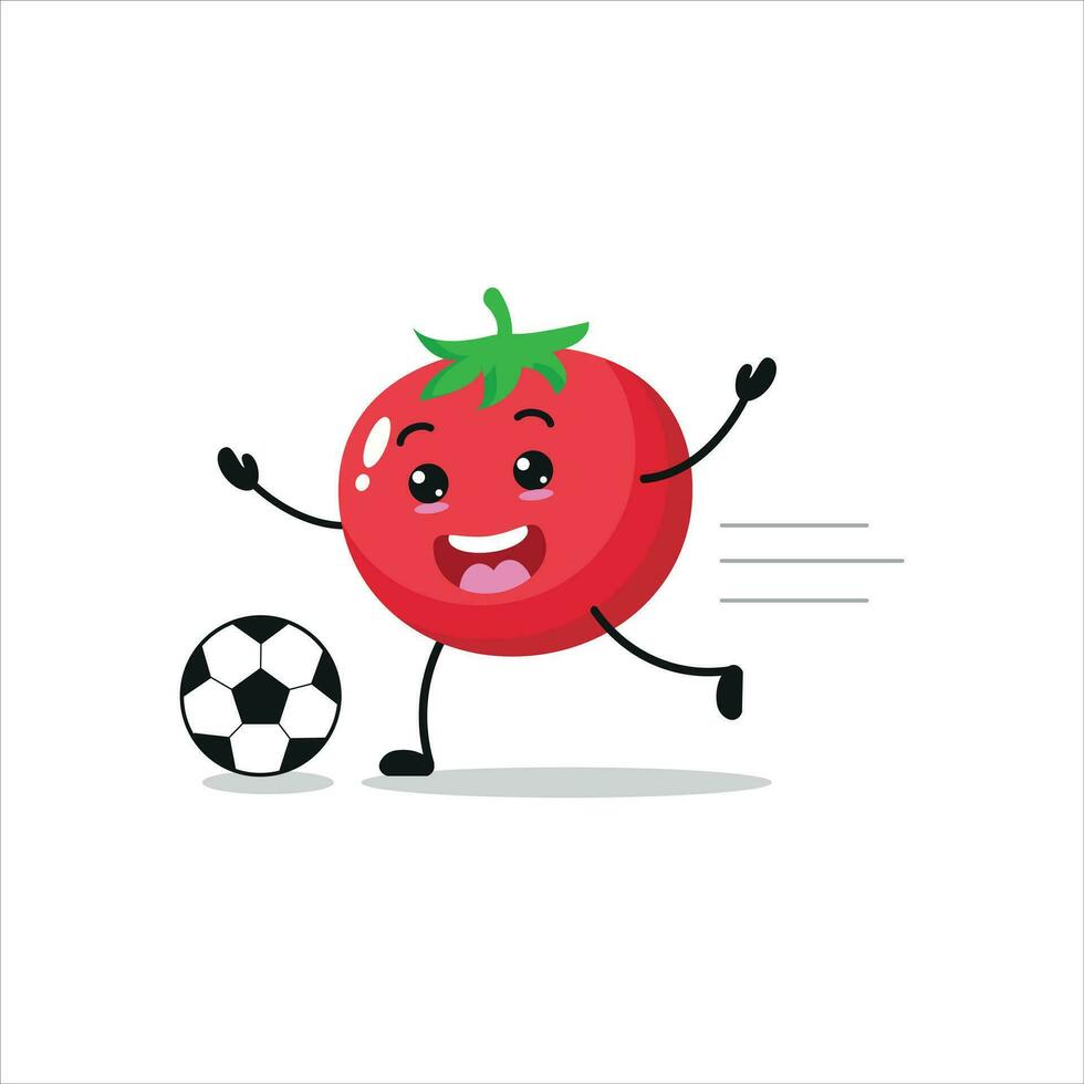 carino e divertente pomodoro giocare calcio. verdura fare fitness o gli sport esercizi. contento personaggio calcio Lavorando su vettore illustrazione.