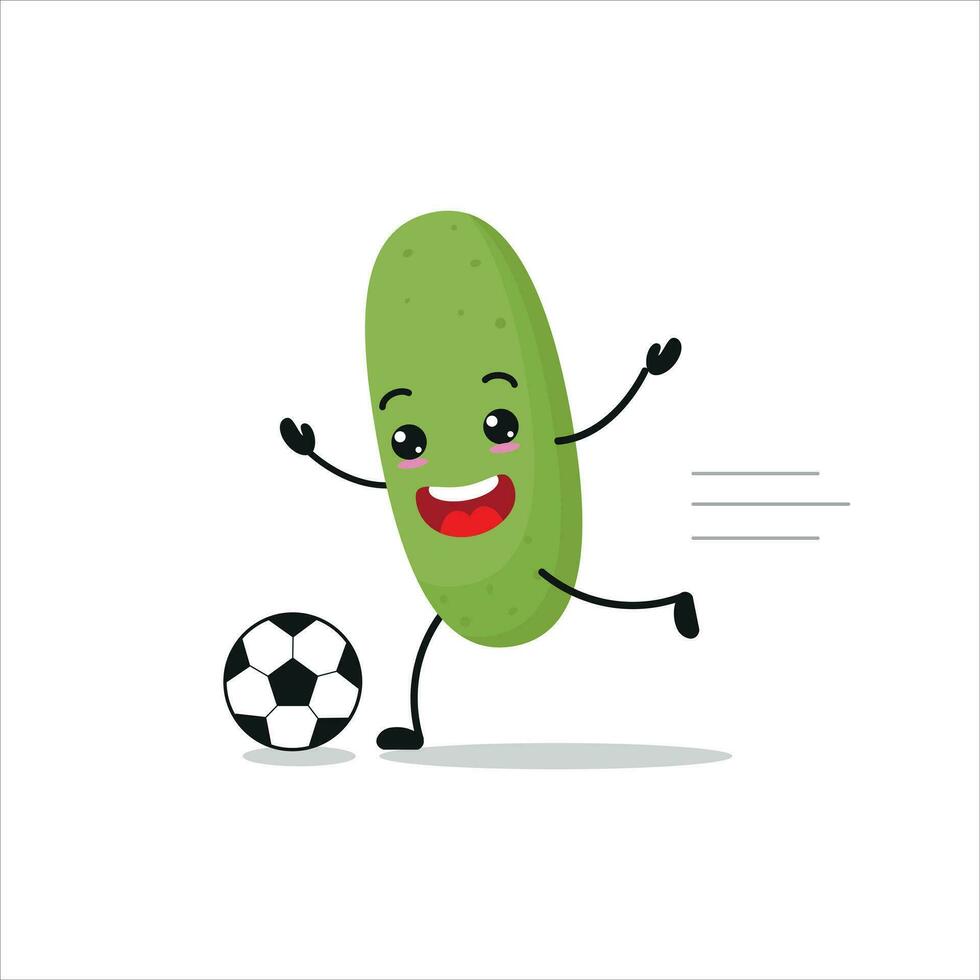 carino e divertente cetriolo giocare calcio. verdura fare fitness o gli sport esercizi. contento personaggio calcio Lavorando su vettore illustrazione.