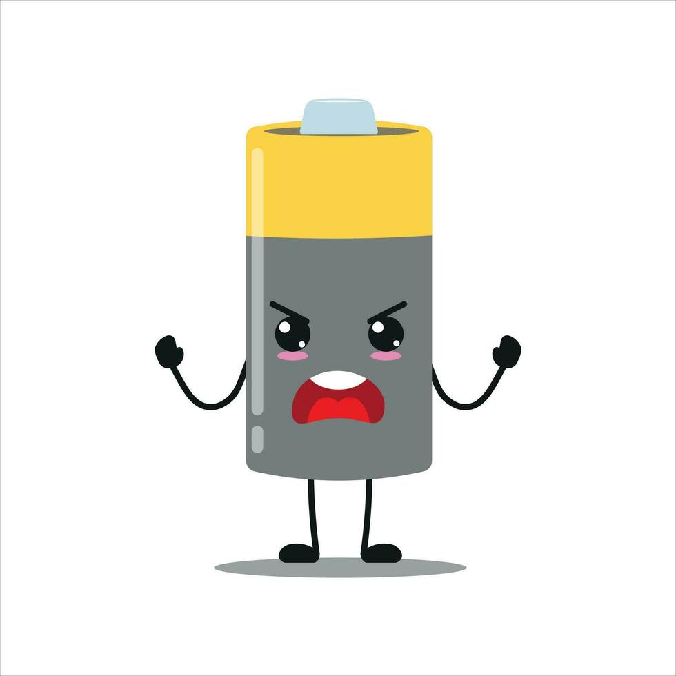 carino arrabbiato batteria carattere. divertente furioso Vettore cartone animato emoticon nel piatto stile. energia unità emoji vettore illustrazione