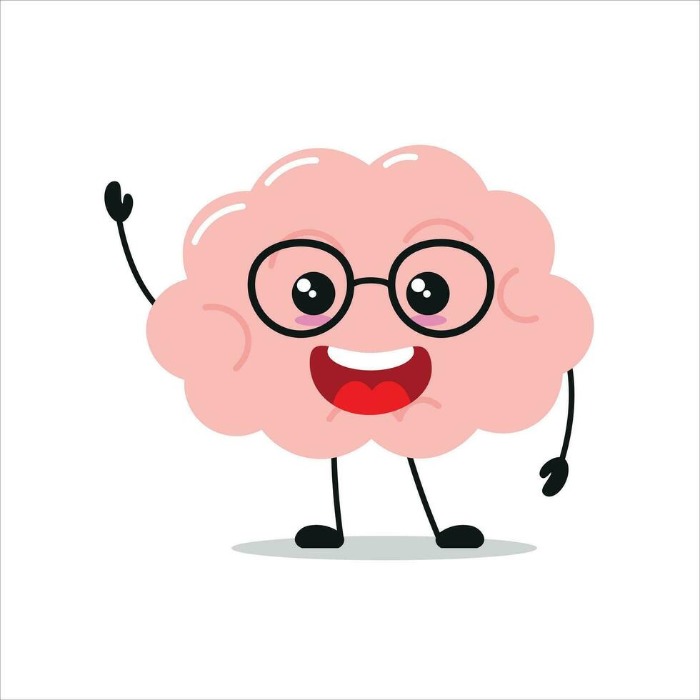 carino contento cervello carattere. sorridente e salutare cervello cartone animato emoticon nel piatto stile. encefalo emoji vettore illustrazione