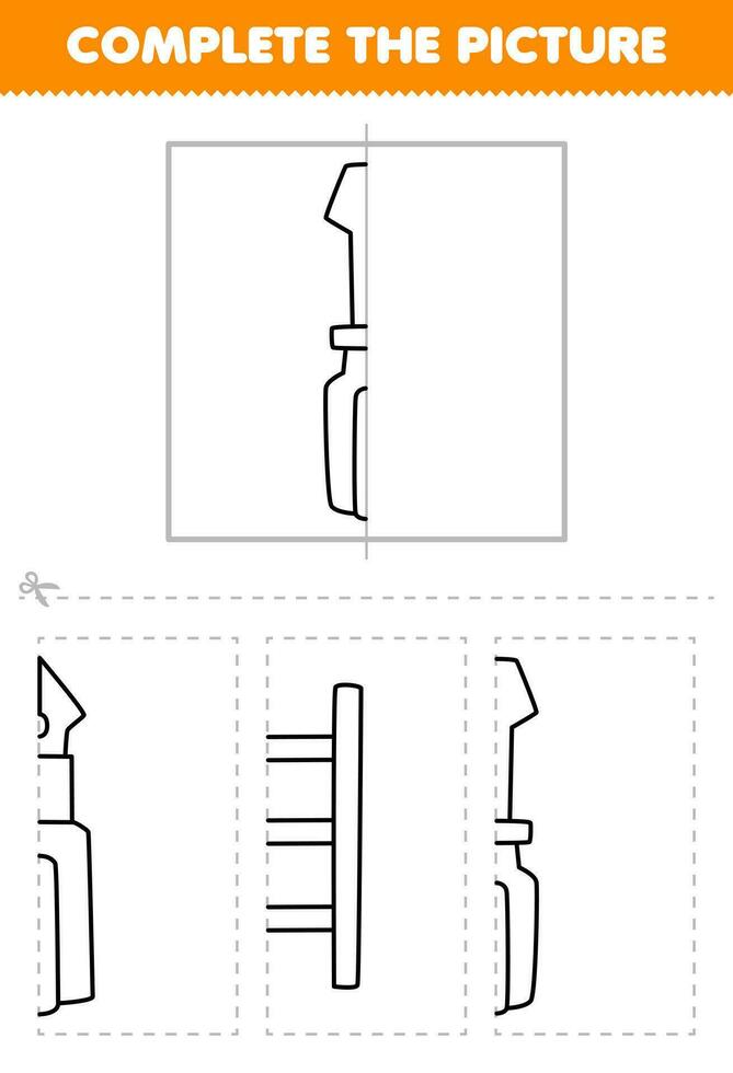 formazione scolastica gioco per bambini tagliare e completare il immagine di carino cartone animato Cacciavite metà schema per colorazione stampabile attrezzo foglio di lavoro vettore