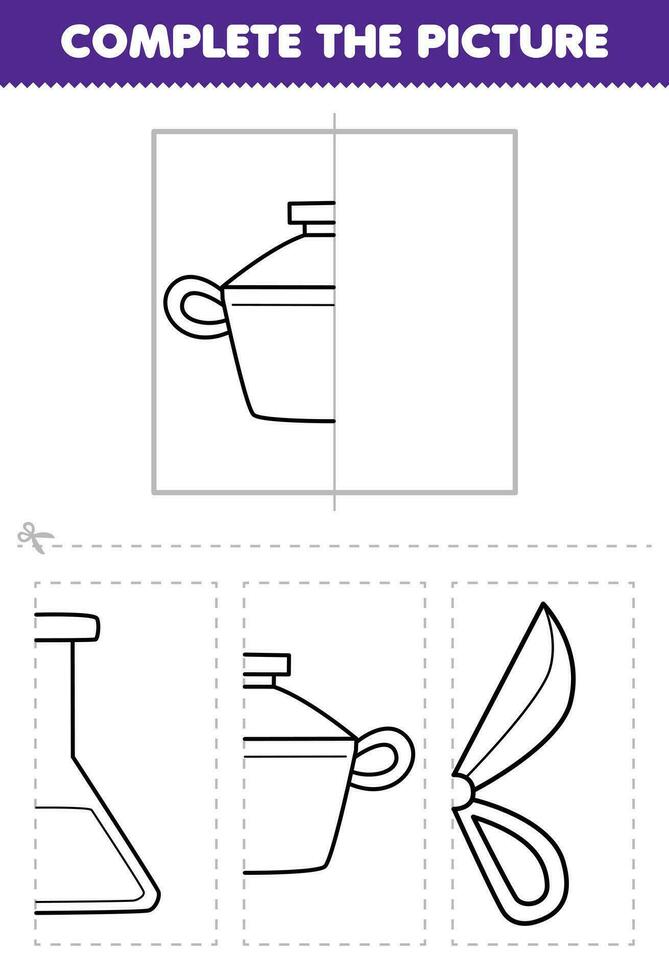 formazione scolastica gioco per bambini tagliare e completare il immagine di carino cartone animato pentola metà schema per colorazione stampabile attrezzo foglio di lavoro vettore