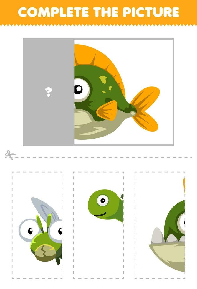 formazione scolastica gioco per bambini tagliare e completare il corretta immagine di carino cartone animato piranha pesce stampabile subacqueo foglio di lavoro vettore