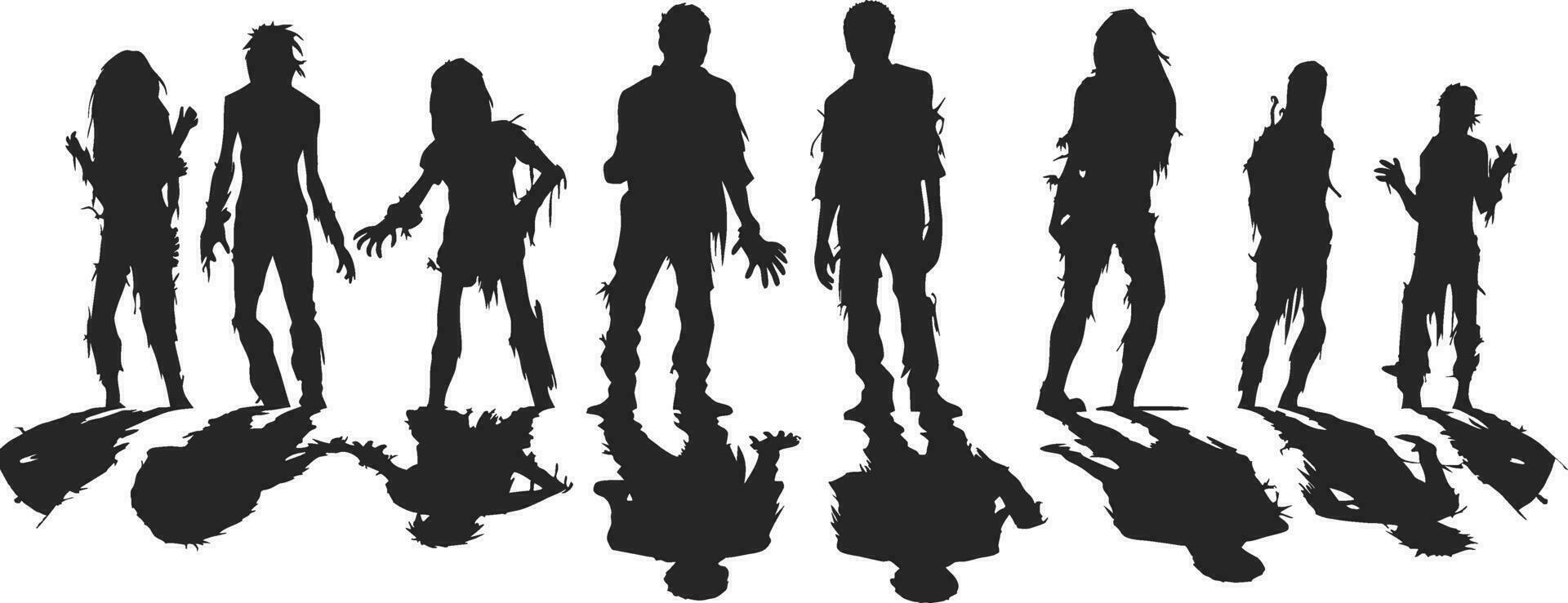 vettore un' impostato di zombie sagome. vettore a piedi zombi. zombie con loro ombre vettore illustrazione su bianca sfondo.