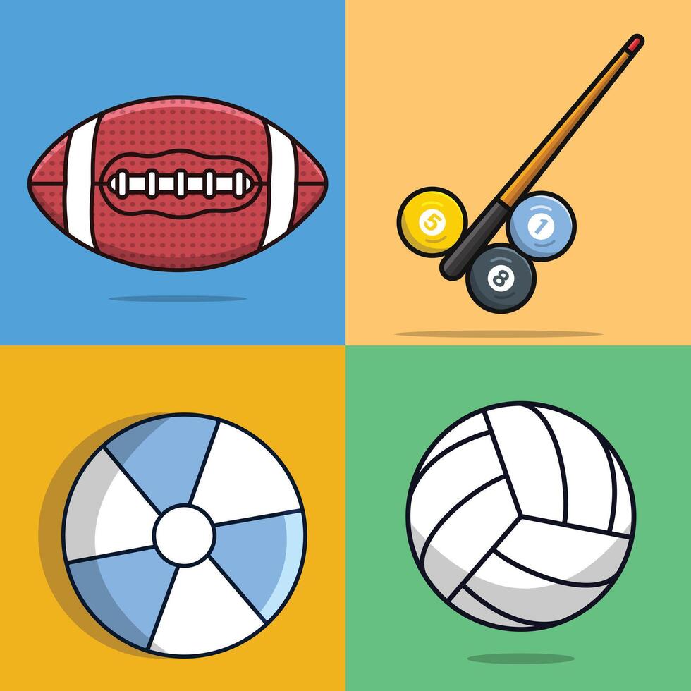 impostato di gli sport americano calcio, pallavolo, biliardo bastone e palle, colorato spiaggia Palloncino vettore illustrazione.