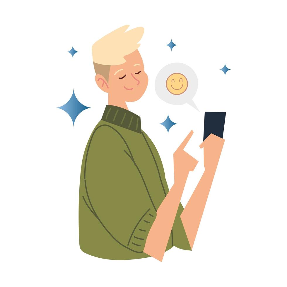 ritratto di ragazzo con smartphone in chat fumetto con emoji vettore