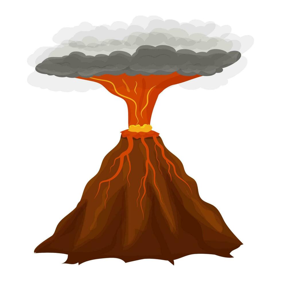 vulcano eruzione nel cartone animato stile isolato su bianca sfondo azione vettore illustrazione. attivo montagna, esplosione con lava e Fumo. elemento, masso. vettore illustrazione