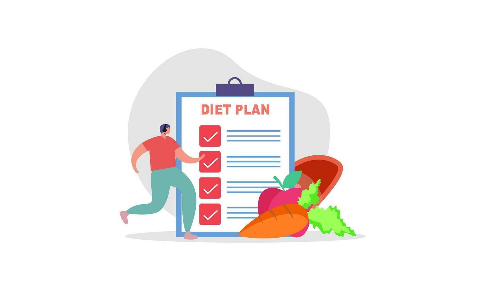 dieta Piano lista di controllo illustrazione. persone fare esercizio, formazione e pianificazione dieta con frutta e verdura. vettore
