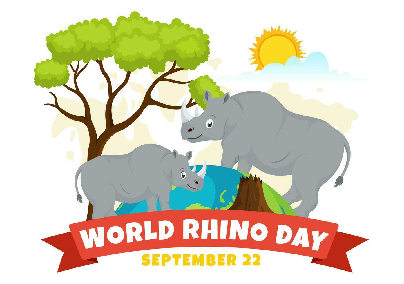 mondo rinoceronte giorno vettore illustrazione su 22 settembre per Gli amanti e difensori di rinoceronti o animale protezione nel piatto cartone animato mano disegnato modelli